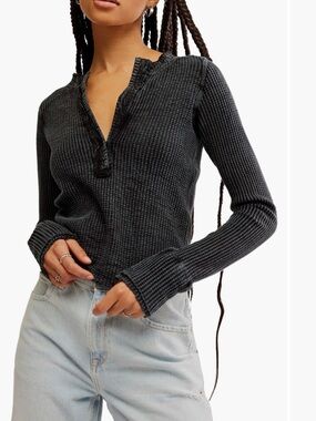 Free People Charcoal Waffle-Knit Henley Long Sleeve Top